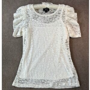 B-Wear Byer California Ivory Floral Lace Puff Sleeve Top Womens Size Medium